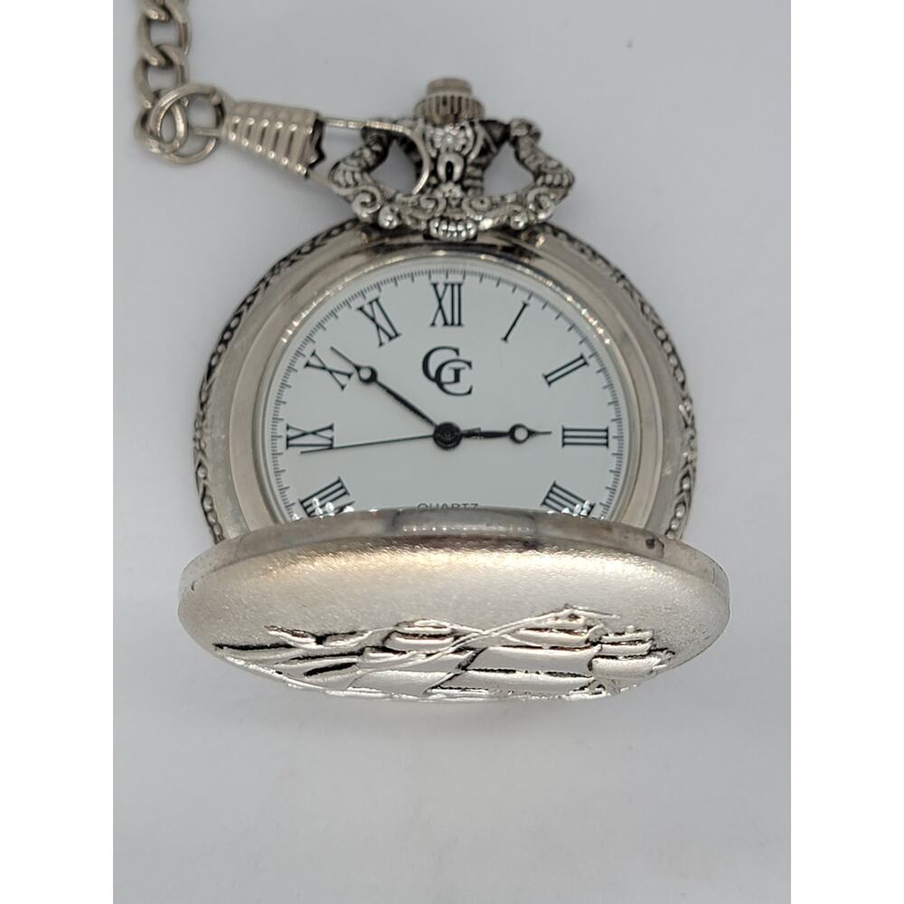 C C Ornate Commemoration of The Sailboat Pocket Watch Silver Finish with Chain